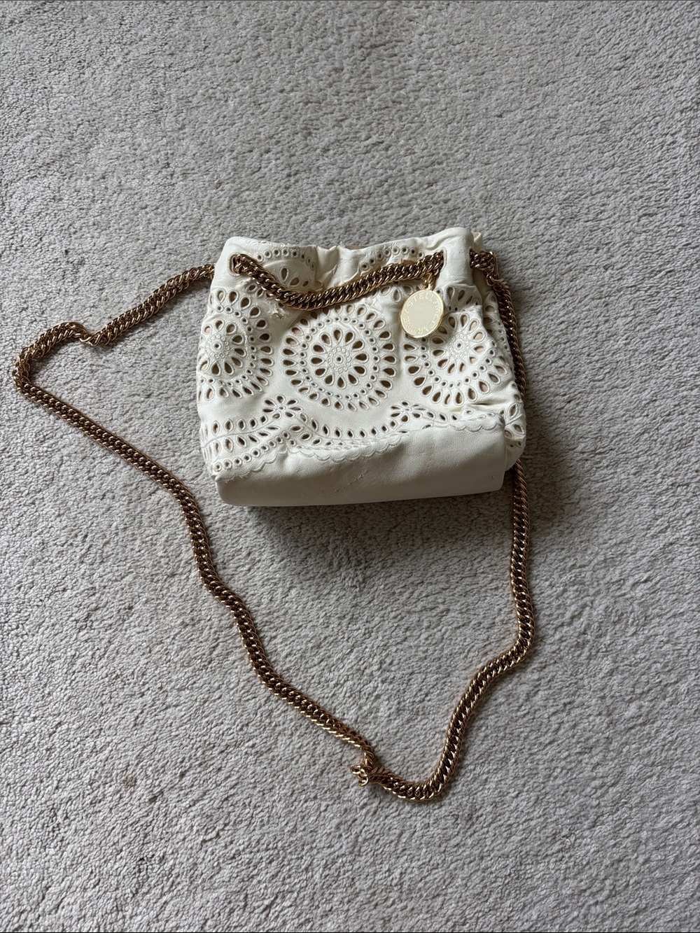 Stella McCartney White Laser-Cut Crossbody with Gold Chain